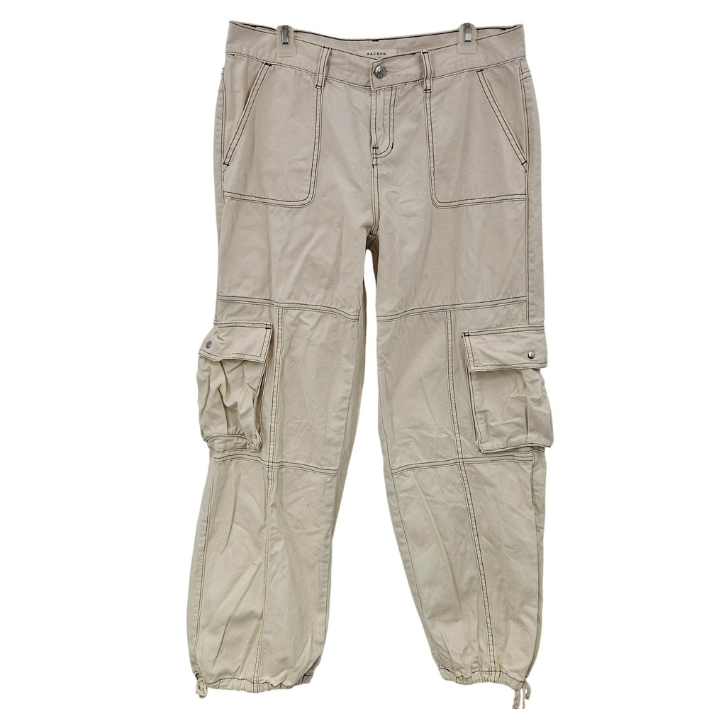 PacSun Pants Womens 30 Beige‎ Low Rise Wide Leg Cargo Drawstring Hem Utility